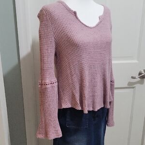 Altar'd State Women's M Soft Mauve Purple Waffle Knit Top, Boho Sleeves